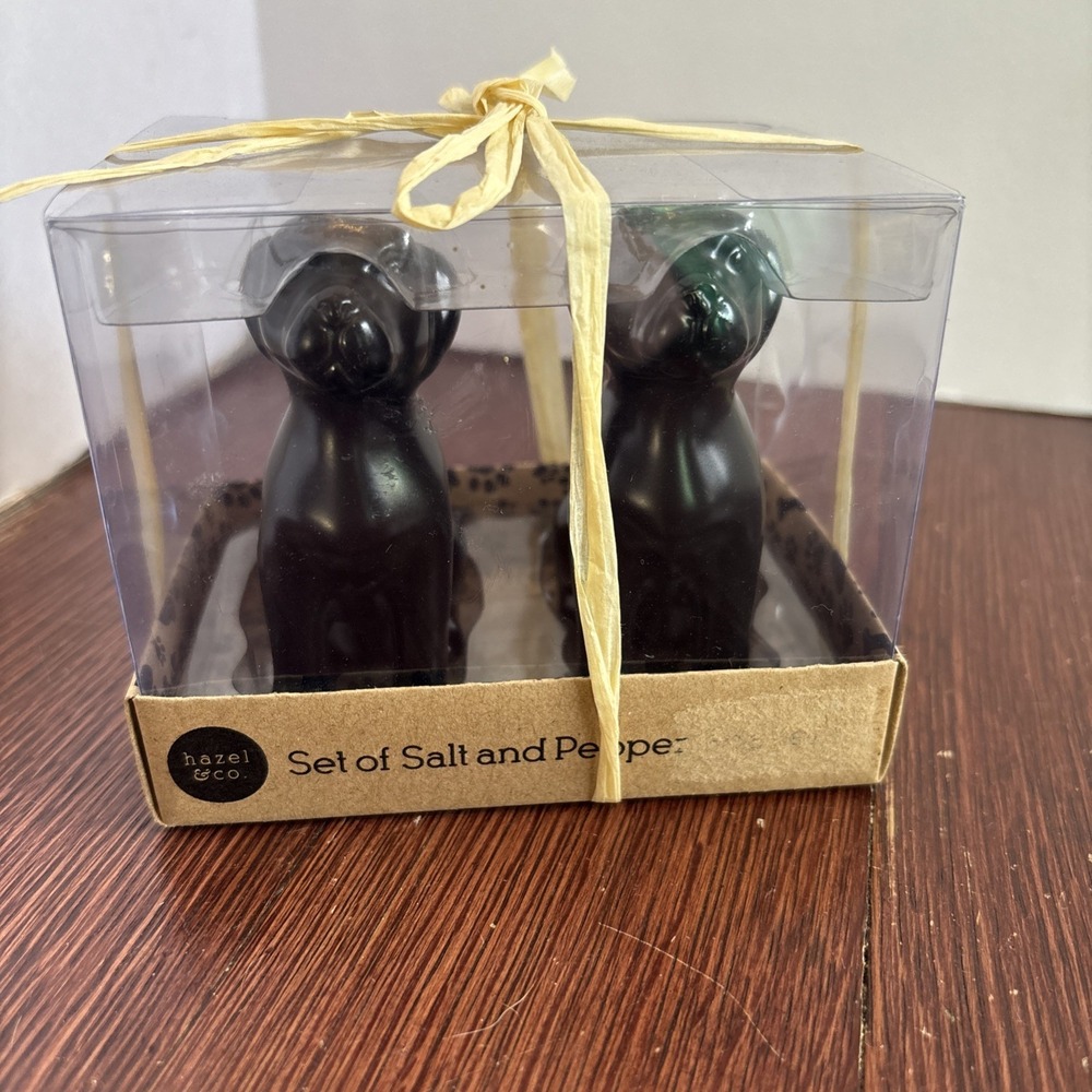 Hazel & Co Set Of 2 Ceramic Black Dogs Salt &‎ Pepper Shakers New in Box